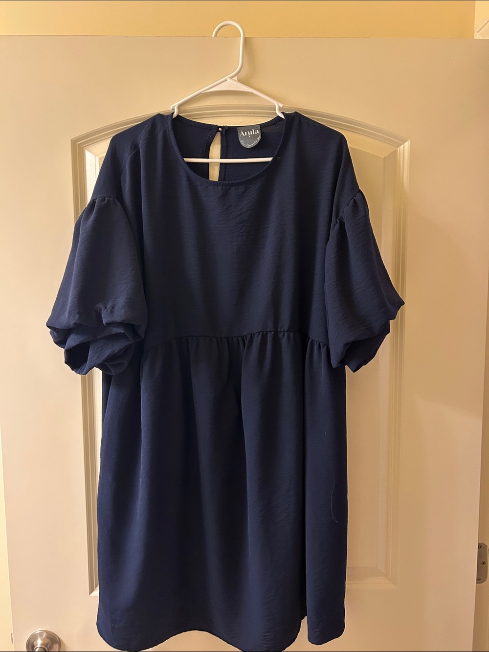 ARULA Navy Blue Mini Dress with Puff Sleeves